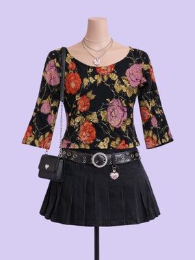 French Laundry Black Floral Textured Top Size S Y2K Whimsygoth Grunge Coquette